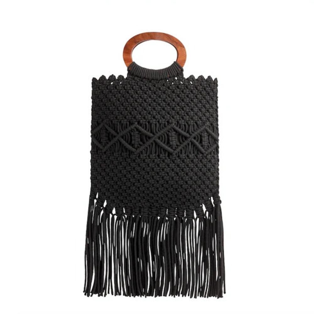 Danielle Nicole Macrame Fringe Bag Boho Wood Handle NWT Black